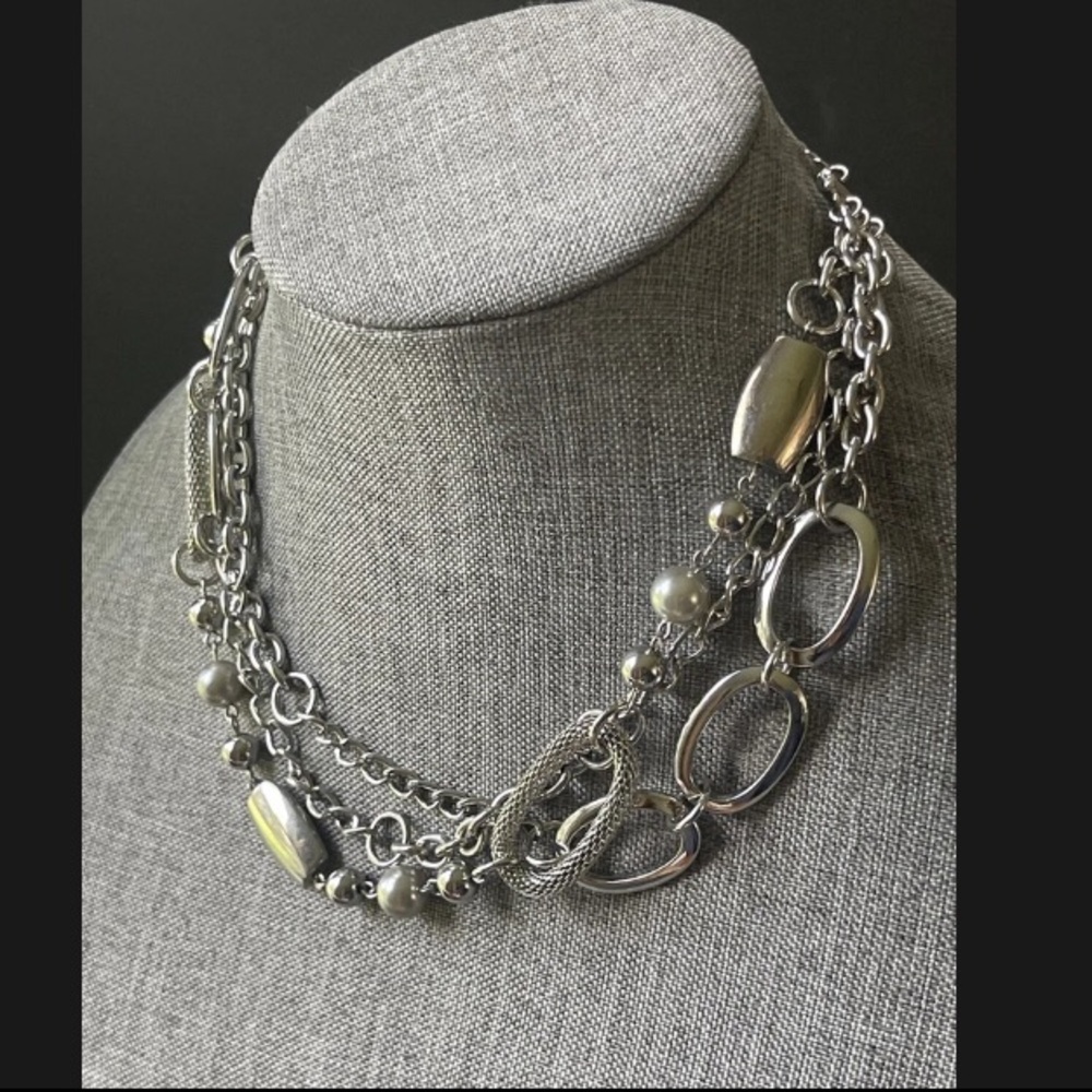 Premier Designs faux pearl silver tone three chain necklace